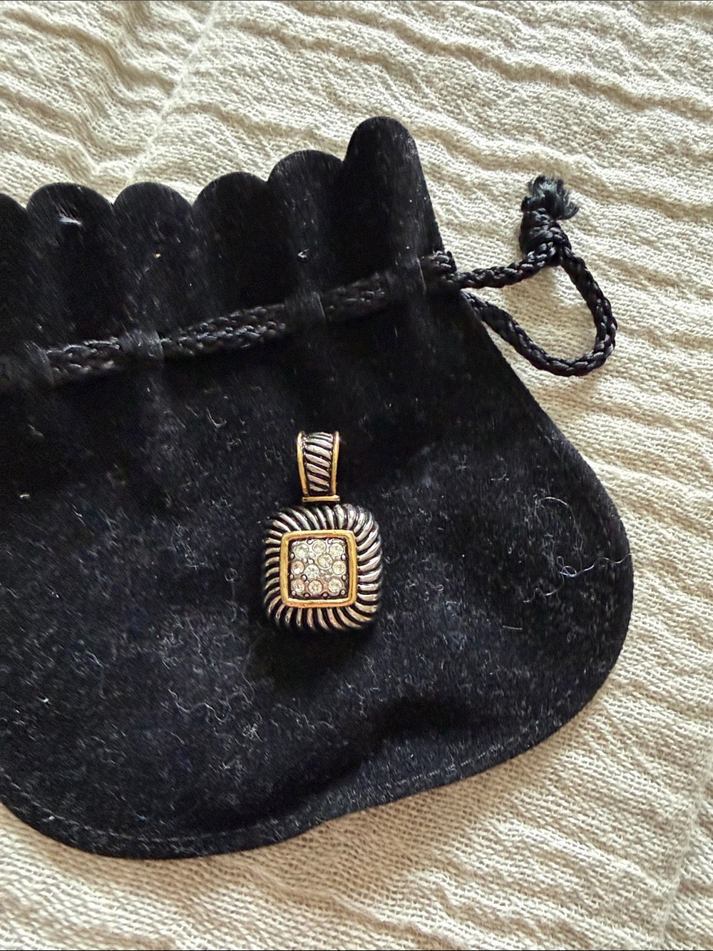 Gold and Silver Square Rope Pendant with Crystal Accent - Black and Gold Tone